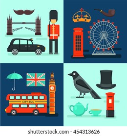 Four square london colored compositions with bridge big ben city bus call-box vector illustration