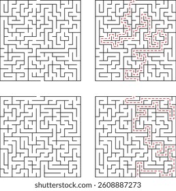 Four square mazes are shown two are unsolved, and two display dashedline solutions. These are classic brain teasers requiring logic and problemsolving skills.