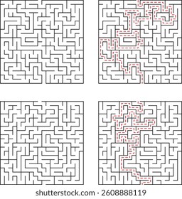 Four square mazes are shown two are unsolved, two display solutions indicated by dashed lines. The mazes present a classic puzzle challenge.