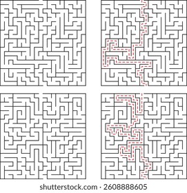 Four square mazes are shown two unsolved, two solved with dashedline paths illustrating the solution. Classic puzzle challenge.