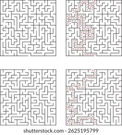 Four square mazes with two showing solutions outlined in red for problem solving and challenge