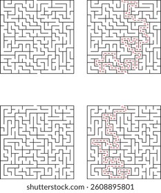Four square mazes two unsolved and two solved, showing the solution path with a dotted line. Test your problemsolving skills!
