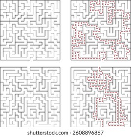 Four square mazes two unsolved, two with dashedline solutions shown. Classic puzzle designs. Test your problemsolving skills!