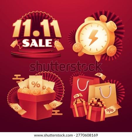 Four square mini compositions on a dark red background the top left shows a 11.11 SALE text on a podium with price tags and paper fans the top right features a gold flash alarm clock with percentage coins and fans the bottom left shows an open red box overflowing with coins and receipts with cloud motifs and the bottom right shows red and orange shopping bags with gift boxes vouchers and fans realistic