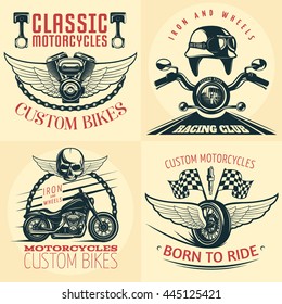 Four square motorcycle detailed emblem set on light with descriptions of custom bikes born to ride and iron and wheels vector illustration