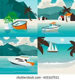 Four square nautical illustration set with tropical paradise landscape with various marine vessels. Water transport summer vector illustration. Sailing in the ocean. Wooden boat on the beach. 