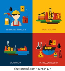 Four square oil industry colored flat set with description of petroleum products and industry oil extraction oil refinery vector illustration