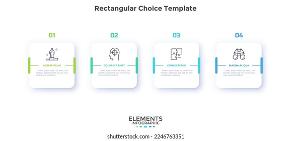 Cuatro elementos blancos de papel cuadrado colocados en fila horizontal. Concepto de 4 etapas sucesivas para el éxito de los proyectos empresariales. Plantilla moderna de diseño infográfico. Simple ilustración vectorial plana para banner.