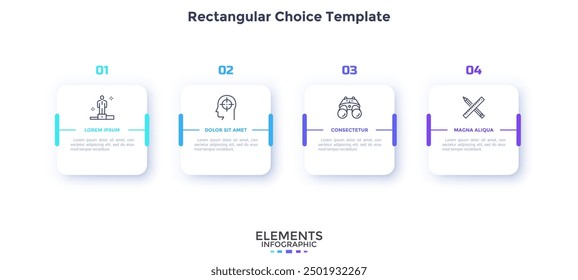 Four square paper white elements placed in horizontal row. Concept of 4 successive steps to business project success. Modern infographic design template. Simple flat vector illustration for banner.