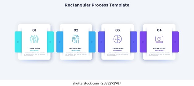 Four square paper white elements placed in horizontal row. Concept of 4 successive steps to business project success. Modern infographic design template. Simple flat vector illustration for banner.