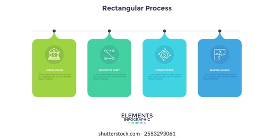 Four square paper white elements with rectangles placed in horizontal row. Concept of 4 successive steps to business project success. Modern infographic design template. Vector Illustration