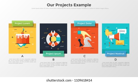 Four square pictures placed into horizontal row, letters, headings and description. Concept of 4 startup working projects demonstration. Infographic design layout. Vector illustration for website.