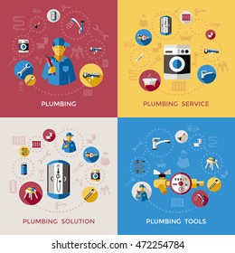 Four square plumbing composition or icon set with service tools and solutions descriptions vector illustration