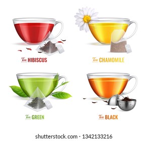 Four square realistic tea brewing bag icon set with hibiscus chamomile green and black tea flavors vector illustration