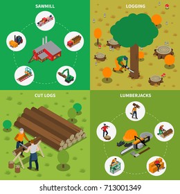 Four square sawmill timber mill lumberjack isometric compositions with sawmill logging cut logs and lumberjacks descriptions vector illustration