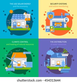 Four square smart house colored icon set with climate control distribution security systems and the use solar energy descriptions vector illustration