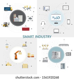 Four square smart industry concept with factory and warehouse equipments flat design vector illustration