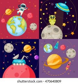 Four square space icon set on four different cosmic themes with ufo rover robot rocket and astronauts vector illustration