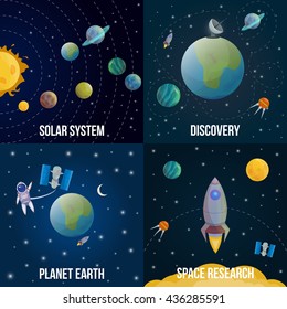 Four square space universe colored icon set with descriptions of solar system discovery planet earth and space research vector illustration