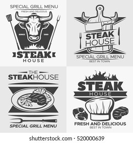 Four square steak emblem set with special grill menu fresh and delicious descriptions vector illustration