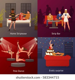 Four square strip design conceptual compositions with pole dancer characters and adult striptease performers erotic surprise vector illustration