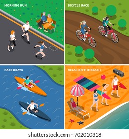 Four square summer outdoor activity people icon set with morning run bicycle and boats races relax on the beach descriptions vector illustration