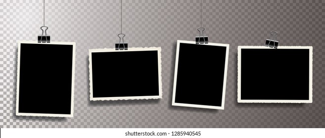 Four square vector photo frames hanging on metal clips. Vertical and horizontal template photo design