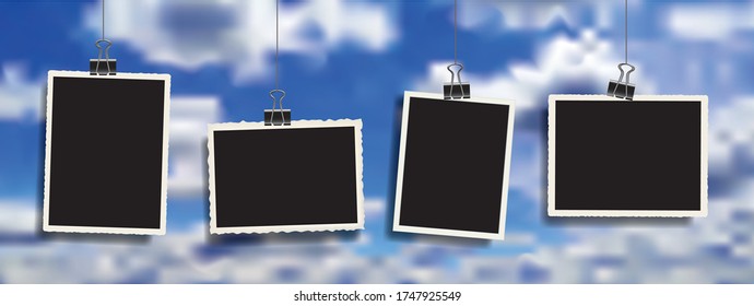 four square vector photo frames hanging on metal clips over clody sky. template photo design