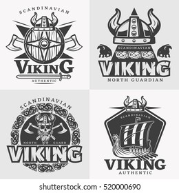 Four square viking design emblem set with Scandinavian Viking north guardian and other descriptions vector illustration