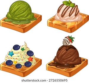 Cuatro waffles cuadrados cubiertos con matcha, chocolate, helado de vainilla y arándanos sobre fondo blanco