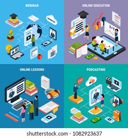 Four square webinar isometric icon set with webinar online education lessons and podcasting descriptions vector illustration