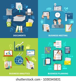 Four squares business items composition set with documents business meetings analytics and planning descriptions vector illustration