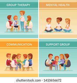 Four Squares Cartoon Group Therapy Icon Set With Mental Health Communication And Support Group Descriptions Vector Illustration