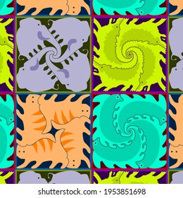 Four squares with four different animals in each square. Cats, dogs, elephants and iguanas. Seamless pattern.