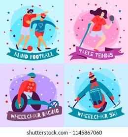 Four squares disabled people sport flat icon set with blind football table tennis wheelchair racing and sky descriptions vector illustration