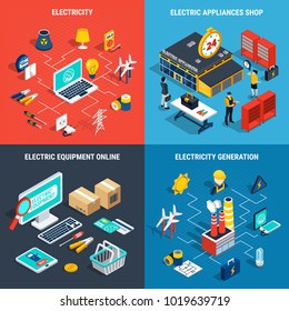 Four squares electricity isometric concept with electric appliances shop electricity generation electric development online descriptions vector illustration