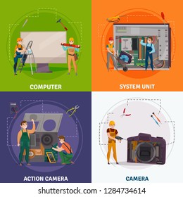 Four squares electronics repair concept set with camera headlines vector illustration