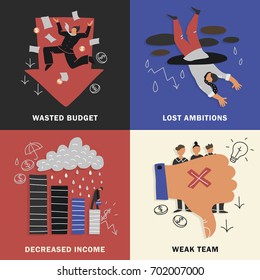 Four squares failure business design concept set with wasted budget lost ambitions decreased income weak team descriptions vector illustration