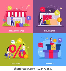 Four squares flat great sale icon set with clearance online sale discounts and presents descriptions vector illustration