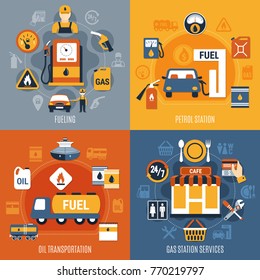 Concepto de bomba de combustible en cuatro cuadrados con descripción de los servicios de transporte de petróleo de gasolinera y de gasolineras de combustible ilustración vectorial