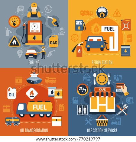 Four squares fuel pump concept set with fueling petrol station oil transportation and gas station services descriptions vector illustration