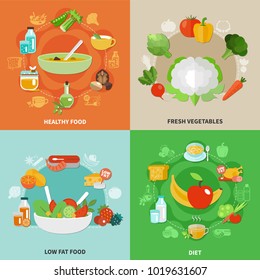 Four squares healthy eating concept with fresh vegetables low fat food and diet descriptions vector illustration