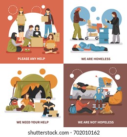 Four squares homeless people design concept set with please any help we are homeless we need your help descriptions vector illustration