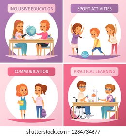Four squares inclusion inclusive education icon set with inclusive education communication sport activities and practical learning descriptions vector illustration