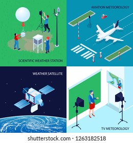 Four squares isometric meteorological weather center design concept with scientific weather station tv and aviation meteorology vector illustration