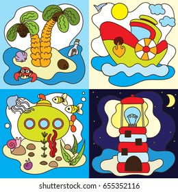 Four squares with lighthouse, boat, island and submarine on them, vector illustration