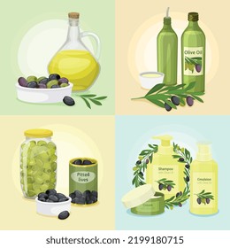 Four squares with olives flat colored icon set oil bottles green and black olives branches and cosmetics vector illustration