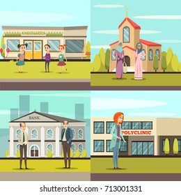 Four squares orthogonal municipal buildings icon set with kindergarden church bank and polyclinic vector illustration 