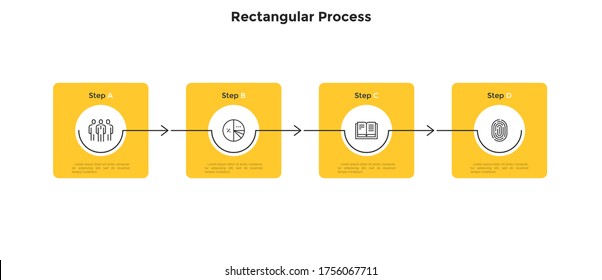 Four squares placed in horizontal row and connected by arrows. Concept of 4 steps of business development strategy. Simple infographic design template. Modern vector illustration for presentation.