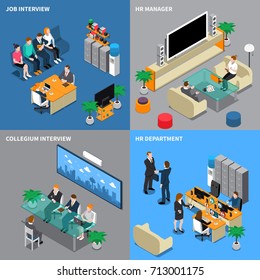 Four Squares Recruitment Hiring HR Management Isometric People Icon Set With Job Interview Hr Manager Hr Department Descriptions Vector Illustration